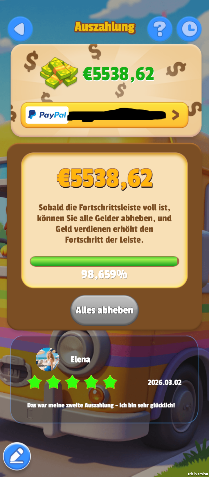 Fake earnings bar and 'withdraw' tease that never processes